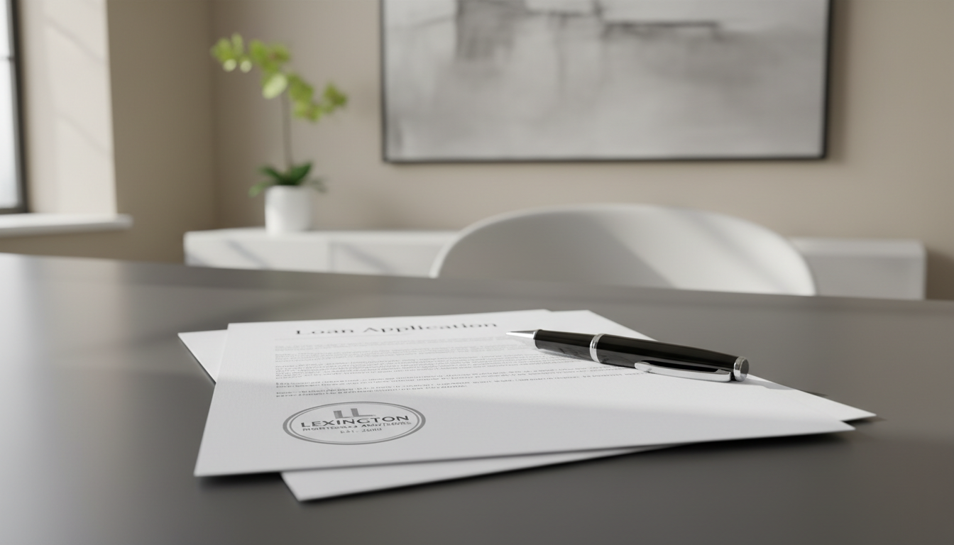 A stack of precisely arranged, official-looking loan application documents with tasteful, embossed company branding, resting on a sleek graphite desktop. The papers have pristine, matte-white finishes and subtle watermark textures, complemented by a chrome-plated pen with a black lacquer body positioned diagonally atop the stack. The setting is a minimalist, modern office environment with clean lines and subtle neutral décor visible in the softly out-of-focus background. Soft daylight streams in from an unseen window, creating gentle highlights along the edges of the desk and casting smooth, professional shadows beneath the documents. The composition is balanced and structured, captured from an eye-level perspective with sharp focus on the foreground, conveying a mood of calm professionalism and clarity. The image exhibits photographic realism with a clean, corporate aesthetic, reinforcing the reliable expertise of an experienced mortgage broker.
