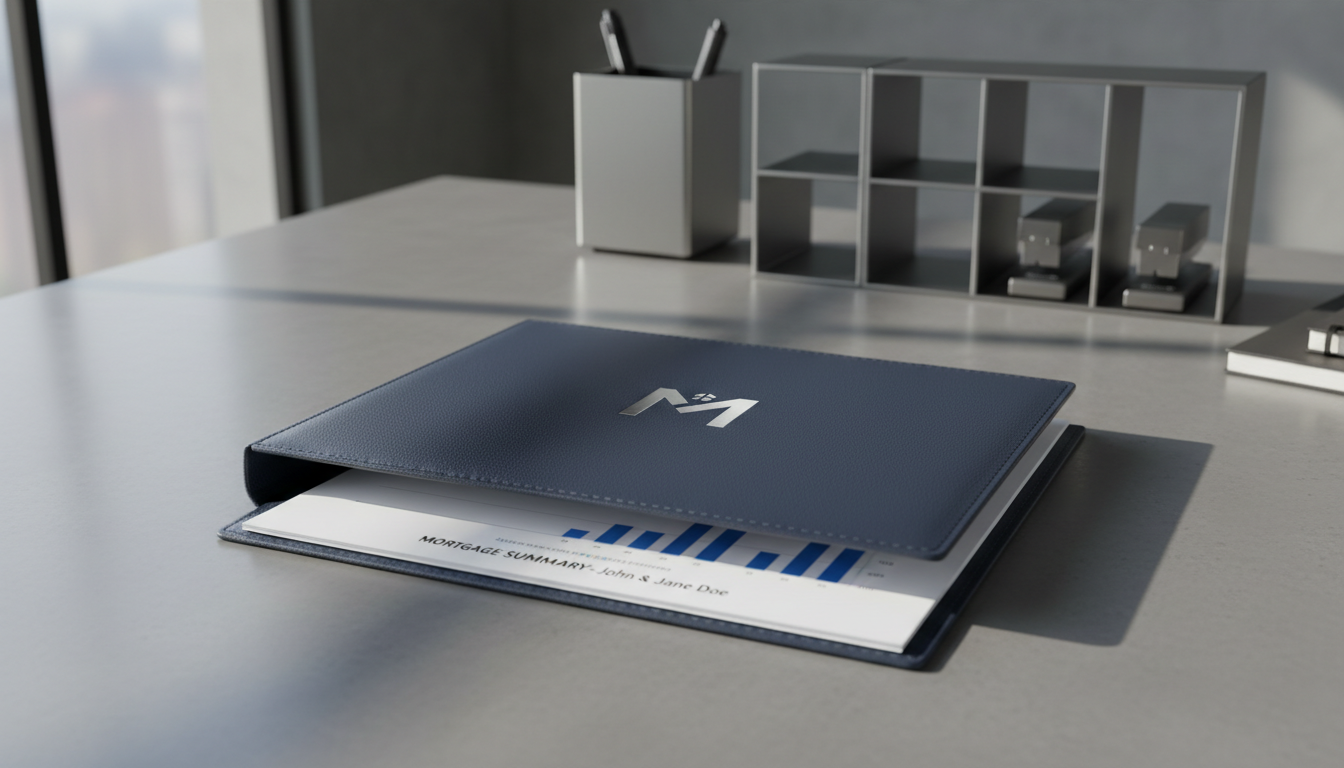 A close-up of a premium, navy-blue leather-bound folder embossed with a subtle, metallic company logo, resting partially open on a smooth concrete office tabletop. Inside the folder, a single mortgage summary sheet peeks out with crisp, high-contrast printing. The background features a neatly aligned grid of metallic desk organizers in cool, matte finishes, providing structure and a sense of order. Indirect diffused light from a side window creates soft highlights across the folder’s texture and gentle shadows along the concrete surface. The composition is tight and focused, shot from a low, eye-level angle to emphasize professionalism and meticulous detail. The mood is composed, confident, and polished, with a photographic realism that aligns with a corporate, expert mortgage advisory environment.