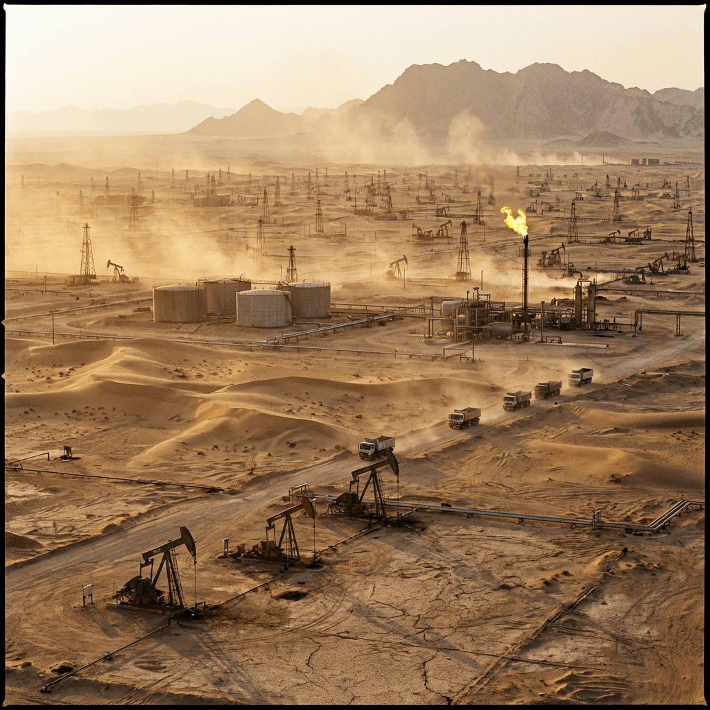 Oil field with pumpjacks, storage tanks, and a gas flare in a sandy desert landscape.