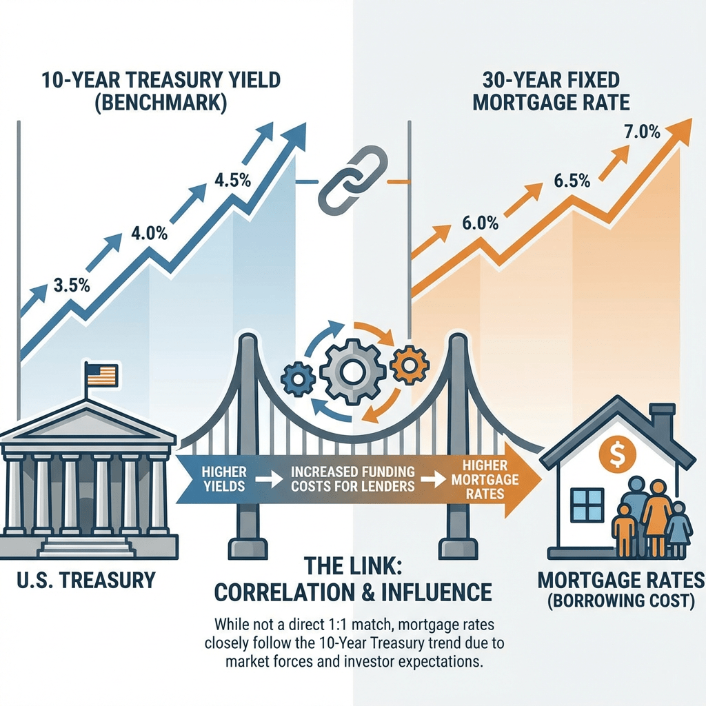 Chart showing rising Treasury yields from 3.5% to 4.5% driving mortgage rates from 6.0% to 7.0%.