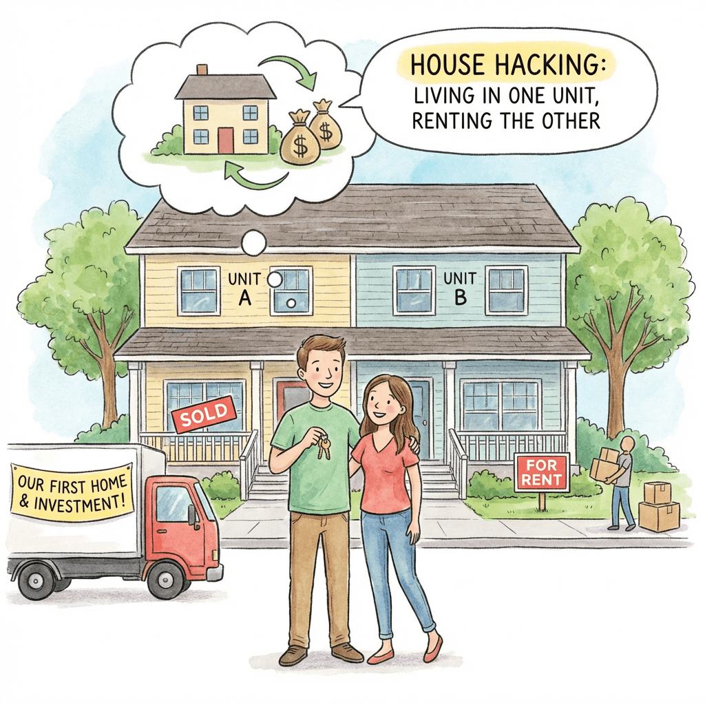 Illustration explaining house hacking: living in one unit, renting the other. Text includes: SOLD, UNIT A, UNIT B, FOR RENT, and OUR FIRST HOME & INVESTMENT!
