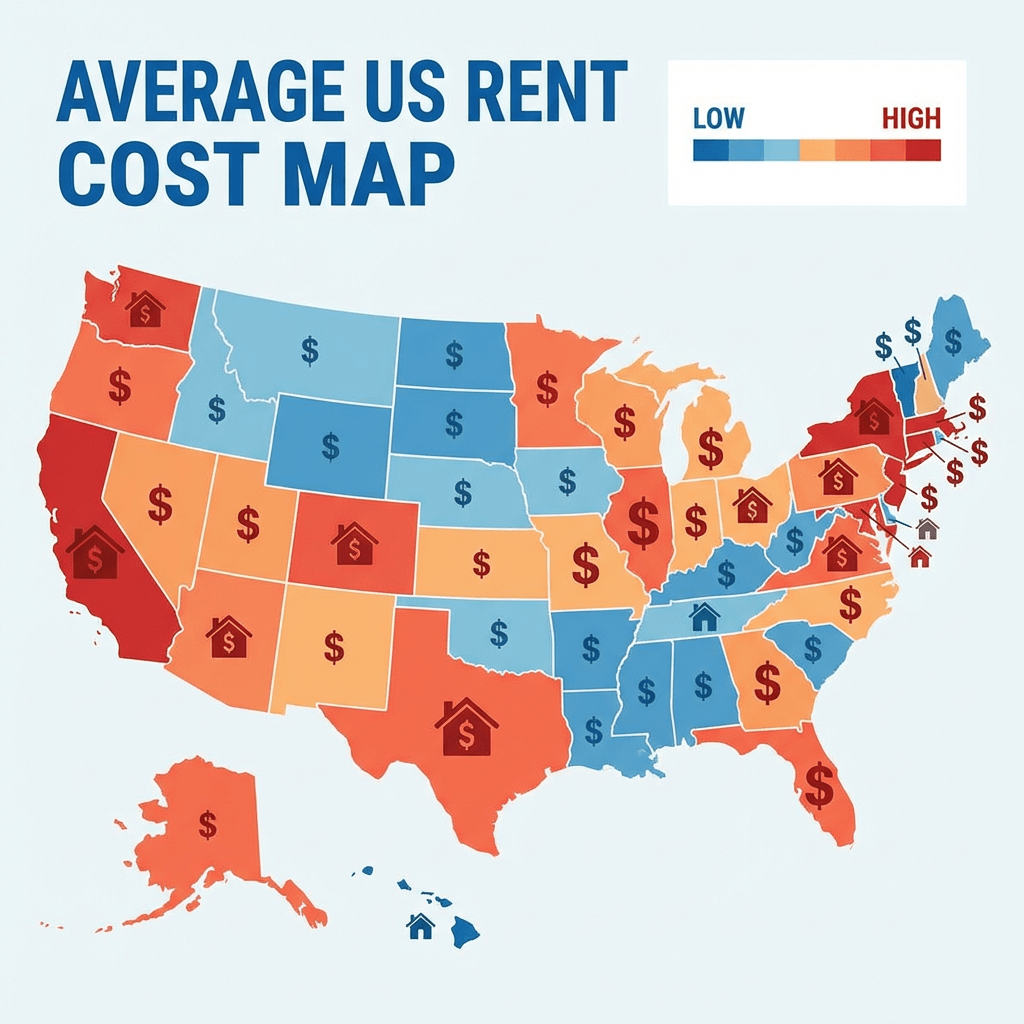 Map of the US showing average rent costs by state using a blue-to-red color scale.