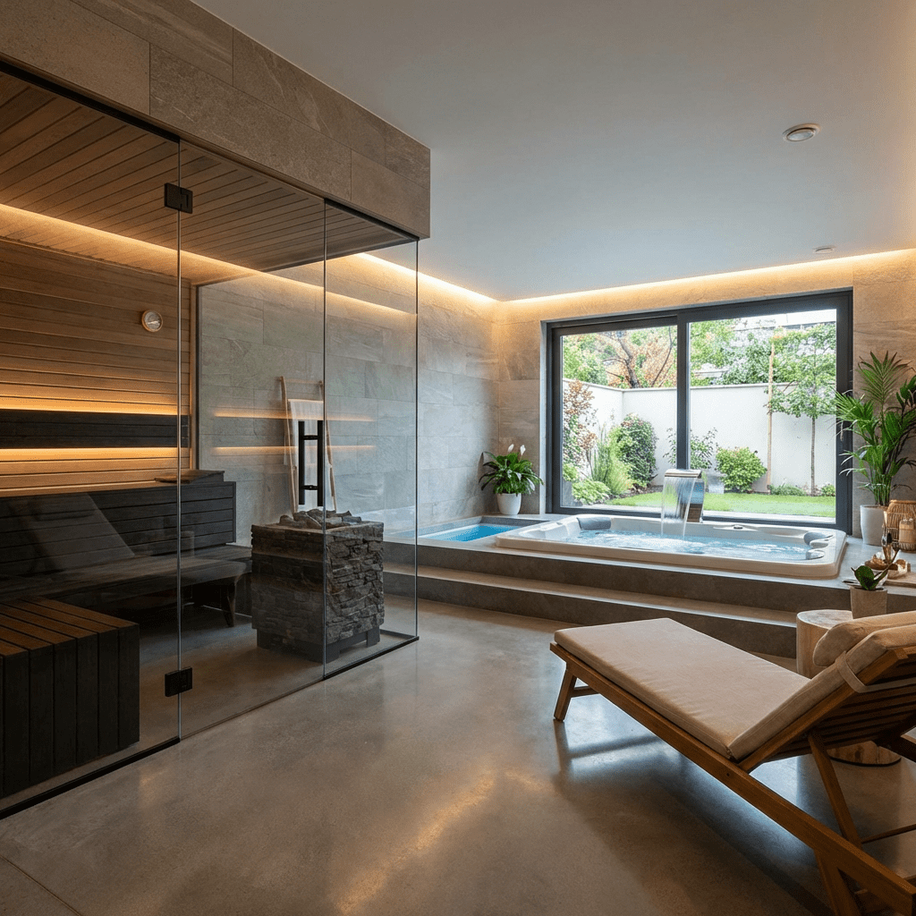 Modern indoor spa featuring a glass-enclosed sauna, a hot tub, and garden views.