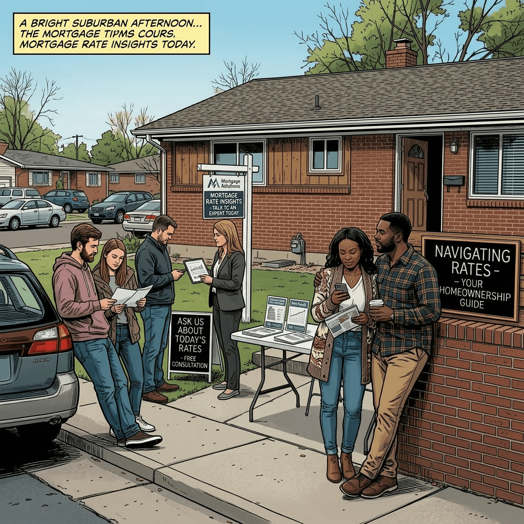 Group of people at an outdoor mortgage consultation event in front of a house with informational signs and brochures